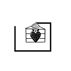 Black and white illustration of a piece of cake with a strawberry heart in a black square frame.