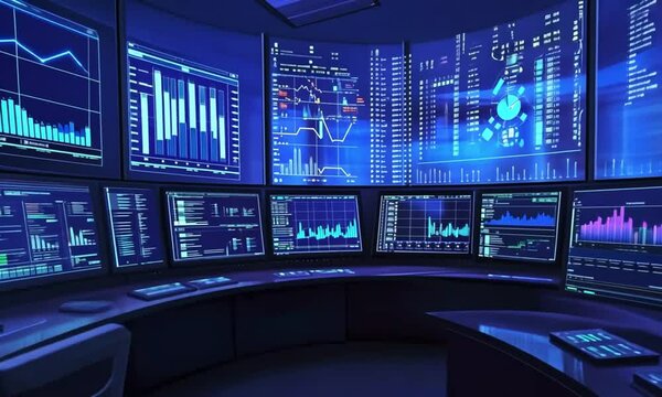 Stock data monitors analyze data in the monitoring room on data presented in graphs - Powered by Adobe