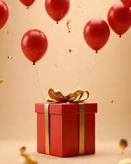 A red gift box decorated with a gold ribbon, surrounded by gold and red balloons scattered in the air, on a beige background, gives a luxurious, fun and festive feel.