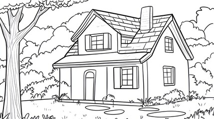 Obraz premium Suburban house, trees, yard, coloring page, kids