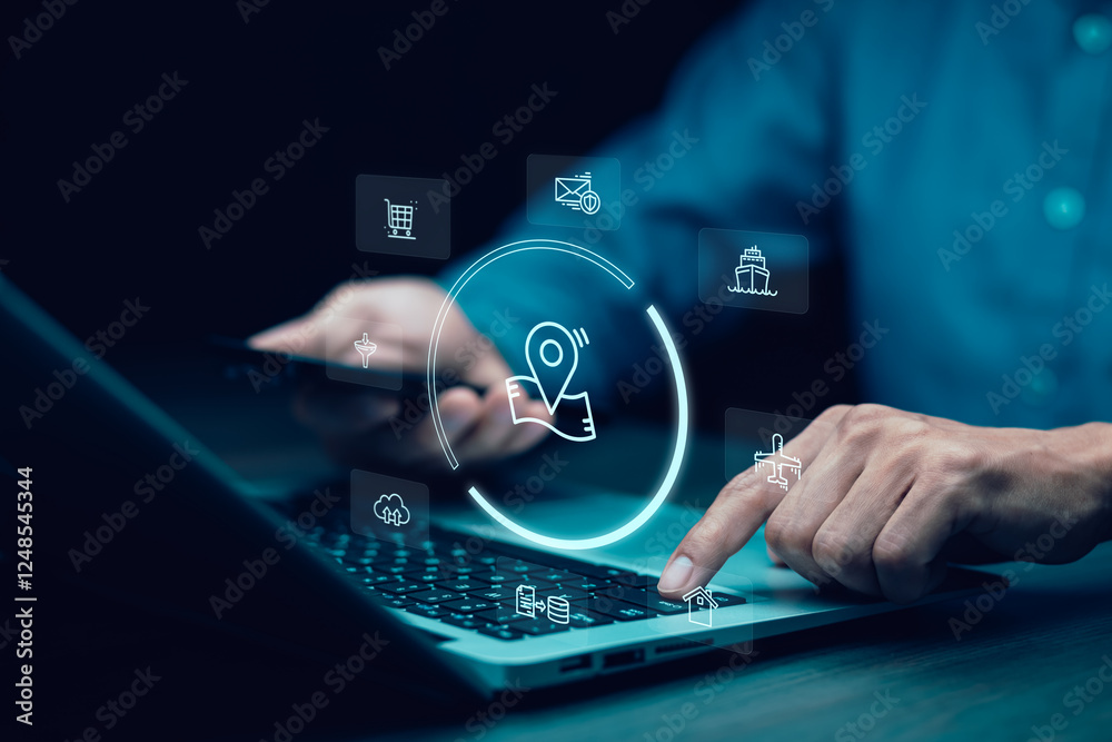 Poster man using laptop with virtual world and model map with location point , gps app, icon travel maps an