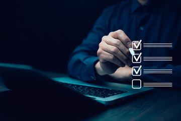 checklist and clipboard task documentation management, business people working laptop checklist...