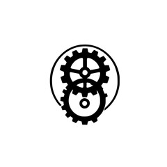Fototapeta premium Black and white cogwheel logo, a minimalistic emblem with two overlapping gears, enclosed in a circle.
