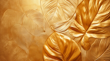 Tropical gold and green palm leaves on dark background. Minimal summer exotic abstract pattern. Gold and green tropical palm leaves. Jungle. Palm trees. Monstera. Texture. Green background. Ecology