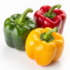 Fresh Colorful Bell Peppers Isolated on White Background Green Red Yellow Vegetable Trio