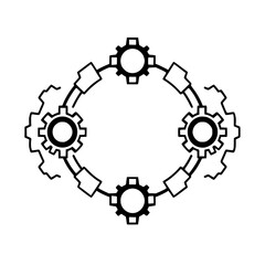 Circular gears are arranged in a cycle around a blank setting, showing a mechanism that is connected by mechanical elements.
