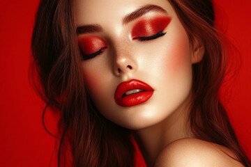 Fototapeta premium Elegant woman with striking red makeup showcasing beauty against a vibrant red backdrop