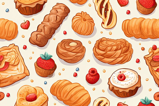 A delightful array of assorted pastries and berries, creating a charming and appetizing seamless pattern