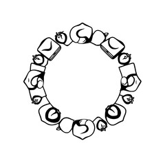 Round decorative garland of bread, tomatoes and fruits.