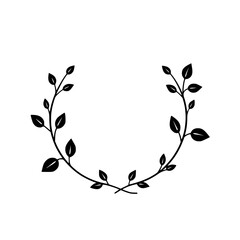 Monochromatic illustration of a leaf wreath with a sparse branch design, surrounded by a pure white background.