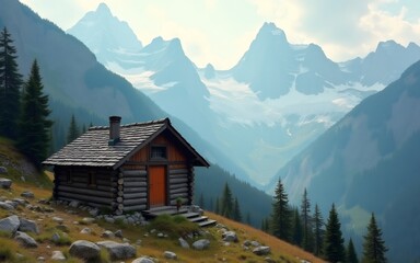 A rustic cabin nestled in a stunning mountainous landscape with towering peaks and lush greenery.