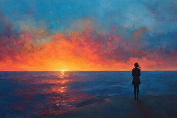 Fototapeta premium Solitary figure silhouetted against a vibrant sunset over a calm ocean.