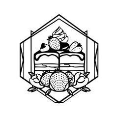 Elegant Geometric Emblem, Cake Slice with Strawberries, Whipped Cream, and Floral Adornments