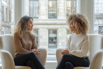 Fototapeta premium Two women sit in chairs, engaging in a conversation, their expressions thoughtful and engaged.