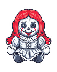 A chilling image of a pale, cracked porcelain doll, its features distorted and unsettling, bathed in dim, ethereal light.