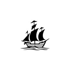Simple black silhouette of a sailing ship on a white background.