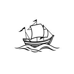 Silhouette of a sailboat on water with flags.