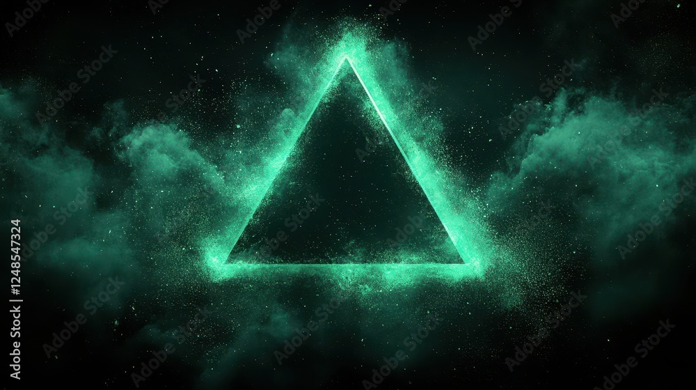 Poster glowing green triangle in cosmic clouds; abstract background