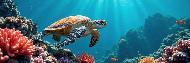 Fototapeta premium Graceful sea turtle amidst vibrant coral, stunning blue ocean, vibrant, reef
