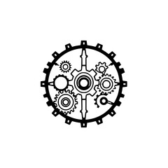 Clockwork mechanism of gears, interconnected, intricate detail, on white background, showing gears, cogs and circular design.