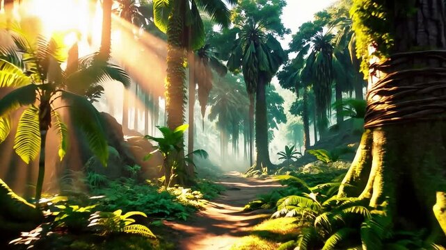 a lush green jungle bathed in warm, golden sunlight filtering through the dense canopy. Towering trees with thick, vibrant foliage stretch high, their branches intertwined