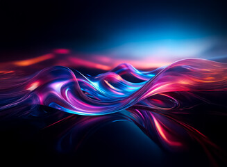 Vibrant double exposure art featuring flowing, luminous waves of blue, pink, and red against a dark backdrop.  The abstract design evokes a sense of movement and energy.