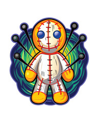 A creepy, detailed image of a cursed voodoo doll; beige stitched body, exaggerated features, dark, ominous background.