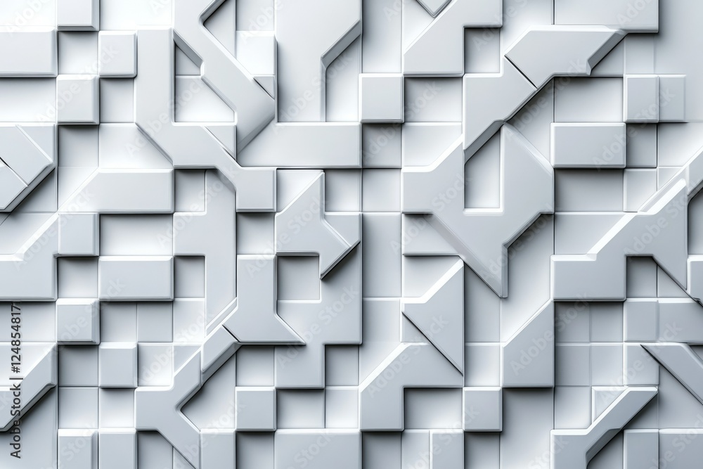 Poster Abstract 3D geometric white pattern with interlocking shapes and cubes creating a complex texture.