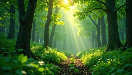 Fototapeta premium Sunbeams pierce emerald leaves, dappled light on forest floor, canopy, plant, high resolution