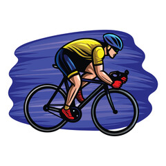 Obraz premium A cyclist in a vibrant yellow and black jersey speeds down a challenging uphill road, showcasing determination and athleticism.