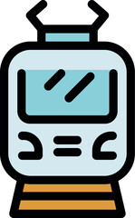 Colorful simple icon of a modern electric train moving on railway track, representing urban transportation