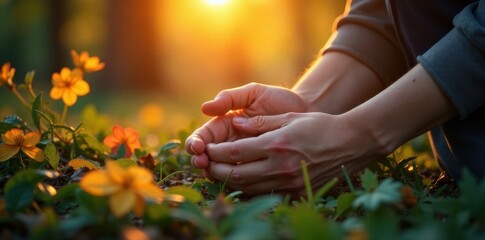 Fototapeta premium Warm light illuminates folded hands amidst vibrant foliage, organic, spiritual, green