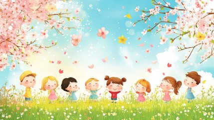 Children playing in spring cherry blossom garden