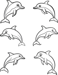 A beautiful dolphin line art collection. This vector artwork is perfect for children's coloring books, digital designs, t-shirts and branding etc. Ideal  for wildlife lovers and artistic projects.