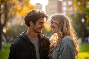 Fototapeta premium A young couple shares a tender moment in a park bathed in golden autumn sunlight, their faces radiant with affection.