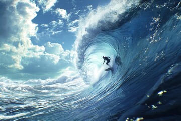 Silhouette of surfer riding massive wave under dramatic sky, extreme ocean sport action photography