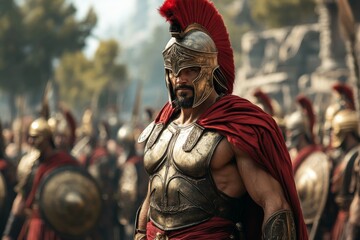 Obraz premium Historic warrior in armor stands proud among fellow soldiers in ancient battlefield setting