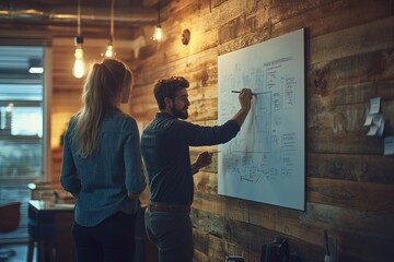 A man and a woman collaborate on a whiteboard, brainstorming and sketching website design plans.