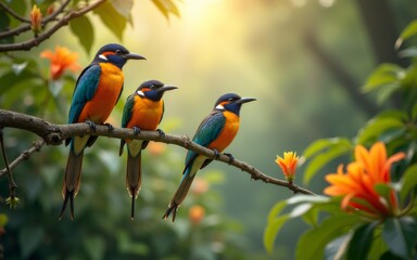 Three vibrant birds perched on a branch, surrounded by colorful flowers in a serene natural setting.