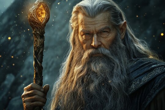 Elderly wizard with a glowing staff standing against a dark, mystical background in a fantasy setting