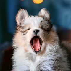 Obraz premium Generated image Closeup of cute adorable little puppy dog yawning. Funny and sweet small domestic baby pet 