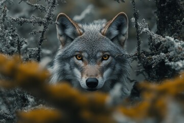 Wolf observes from a forest clearing during dusk with golden eyes and intricate fur patterns