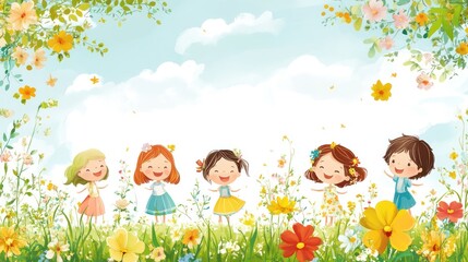 Happy kids playing spring meadow flowers
