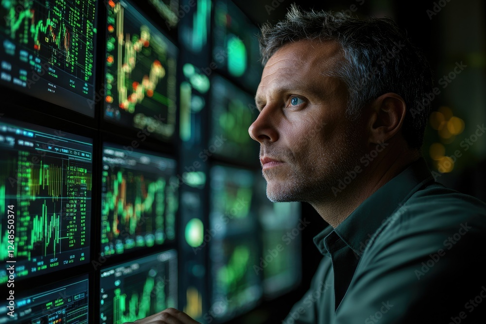 Poster A man intently studies multiple stock market screens displaying financial data and graphs.