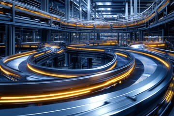 High-tech automated conveyor system with dynamic lighting in a futuristic industrial facility