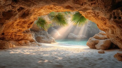 Secluded Beach Paradise: Sunlight through a Tropical Cave