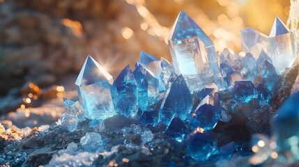 Obraz premium Enchanting Natural Landscape Showcasing a Collection of Benitoite Crystals on a Quartz Bed.