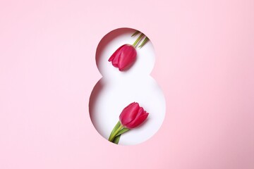 8 March greeting card design with tulip flowers, top view. Happy International Women's Day