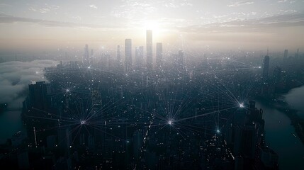 Obraz premium Futuristic City at Sunrise: A Network of Connections and Innovation