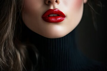 Fototapeta premium Close-up of a woman's lips with bold red lipstick against a dark background during an indoor beauty session